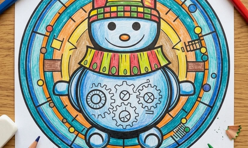Mandala de inverno com boneco de neve colorido com lápis de cor