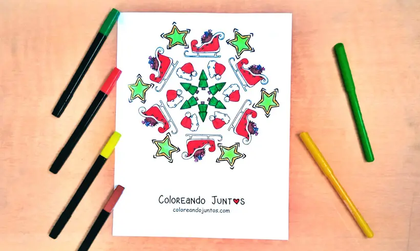 Desenho de mandala de Natal colorida pela Colorindo Juntos