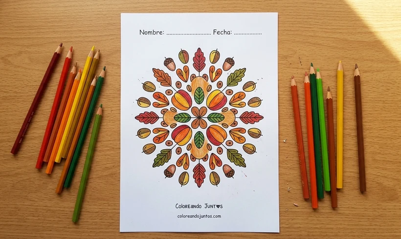 Mandala de outono com bolotas e folhas de carvalho colorido com lápis
