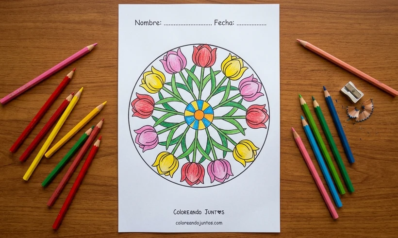 Mandala de primavera com tulipas colorido com lápis de cor