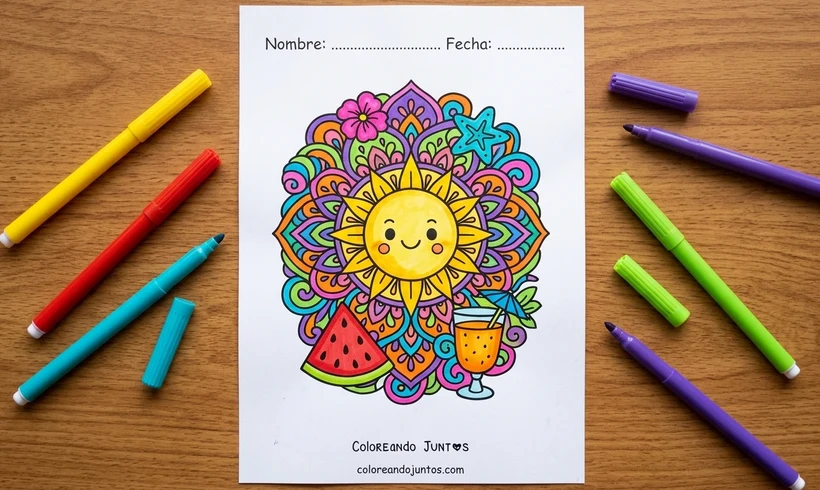 Mandala de verão com sol sorridente e melancia colorido com canetinhas