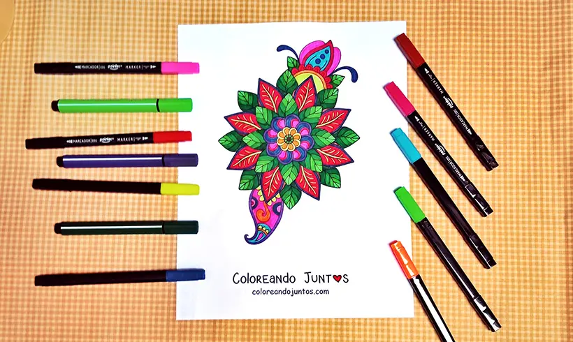 Desenho de mandala floral colorida por Colorindo Juntos