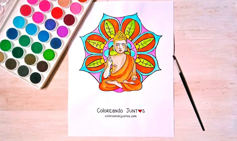 Desenho de mandala tibetana colorida pela Colorindo Juntos