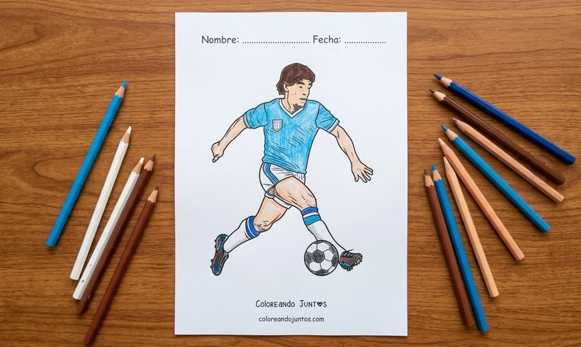 Desenho do Maradona driblando com a camisa da Argentina colorido com lápis de cor