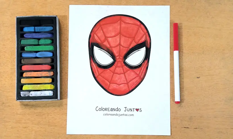 Desenho de uma máscara do Homem-Aranha colorida por Colorindo Juntos