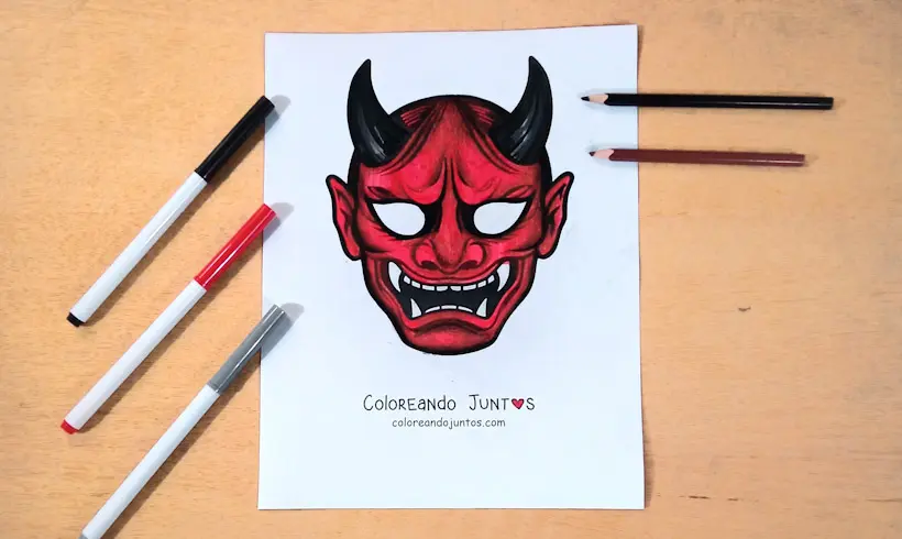Desenho de uma máscara japonesa colorido pela Colorindo Juntos