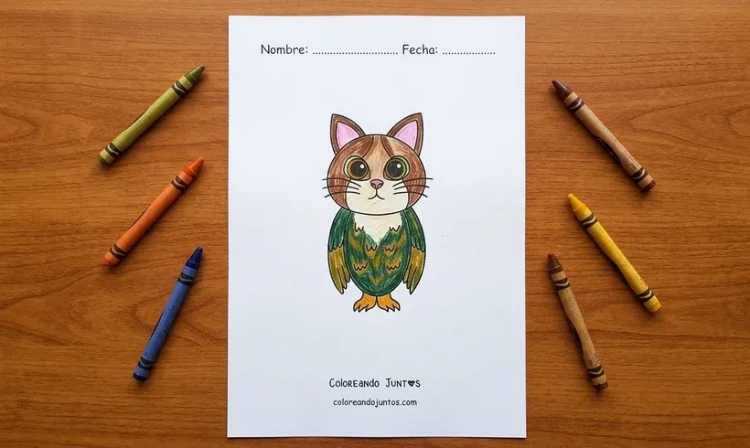 Desenho de um Meowl, metade gato metade coruja, colorido com giz de cera