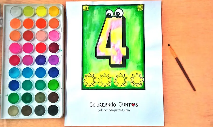 Desenho do número 4 do 1 ao 10 colorido por Colorindo Juntos