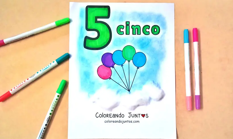Desenho do número 5 do 1 ao 20 colorido por Colorindo Juntos