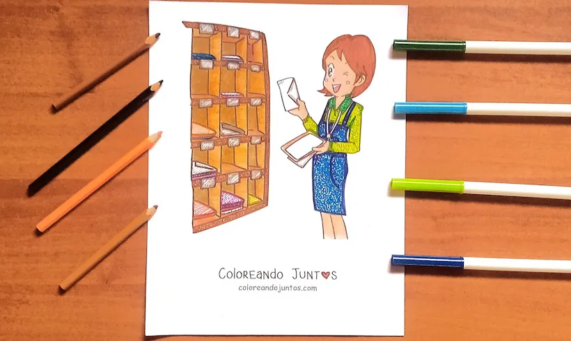 Desenho de uma mulher na agencia dos correios colorido pela Colorindo Juntos