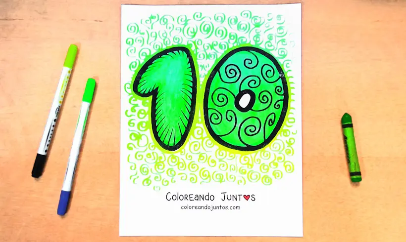 Desenho do número 10 colorido pela Colorindo Juntos