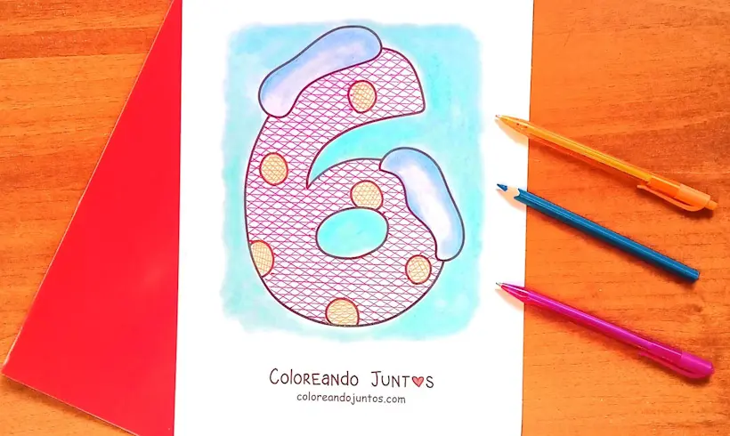 Desenho do número 6 colorido pela Colorindo Juntos