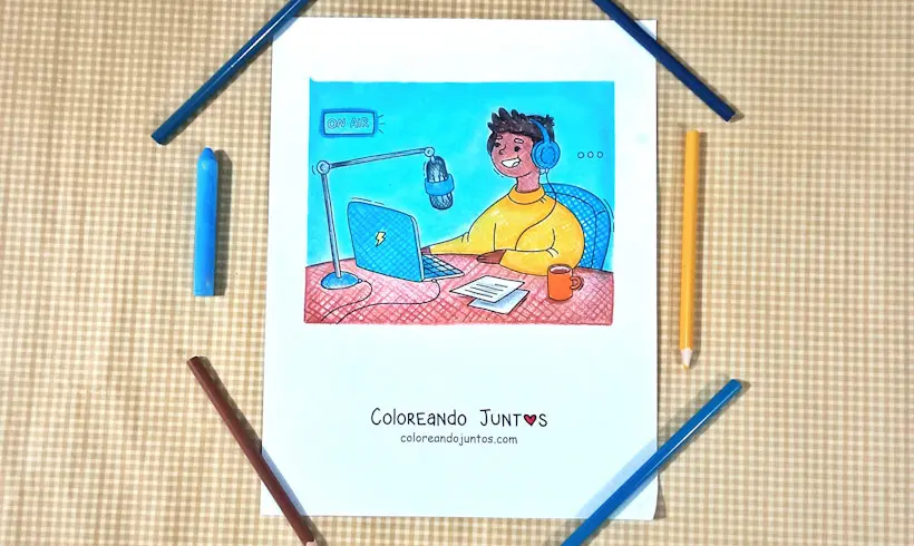 Desenho de um rapaz no rádio colorido pelo Colorindo Juntos