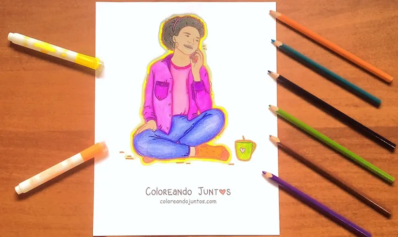 Desenho de uma menina falando ao telefone colorido pela Colorindo Juntos
