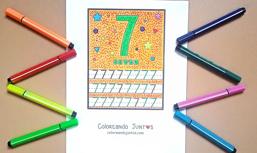 Desenho do número 7 em inglês colorido por Colorindo Juntos