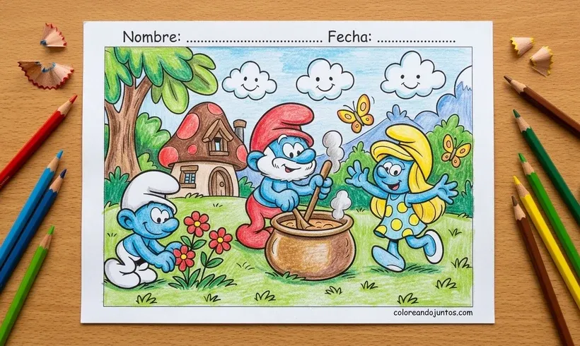 Desenho do Papai Smurf e o caldeirão colorido com lápis de cor