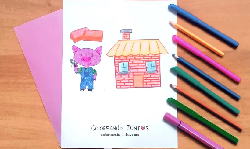 Desenho de um dos três porquinhos colorido pela Colorindo Juntos