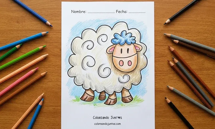 Desenho de uma ovelha de desenho animado com a lã cheia de cachos e um grande sorriso, colorida com lápis de cor