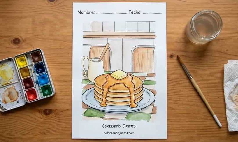 Desenho de uma pilha de panquecas com manteiga e calda colorido com aquarela