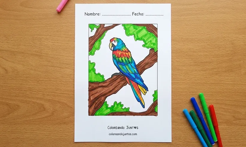 Desenho de uma arara pousada em um galho colorido com canetinhas