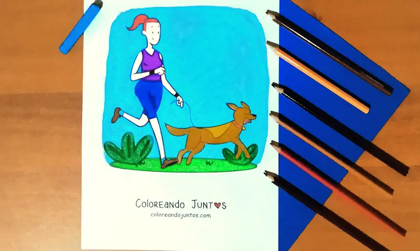 Desenho de uma menina passeando com o seu cachorro colorido por Colorindo Juntos