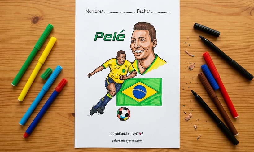 Desenho do Pelé com a bandeira do Brasil colorido com canetinhas