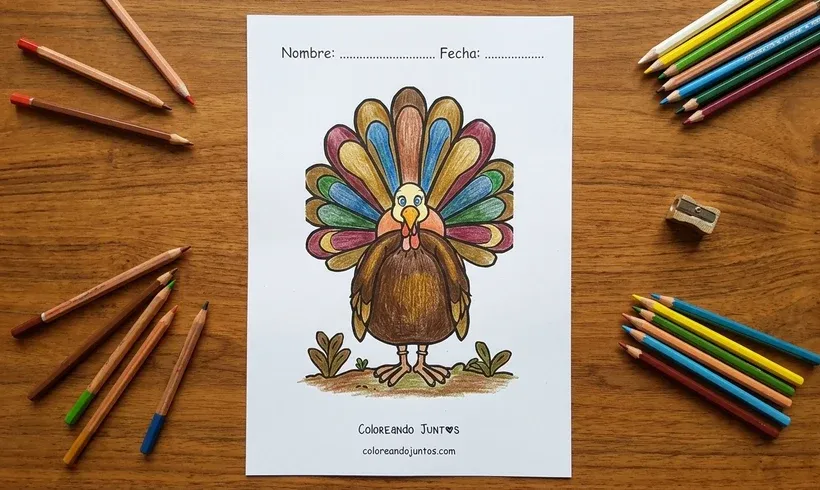 Desenho de um peru com a cauda de penas aberta colorido com lápis de cor