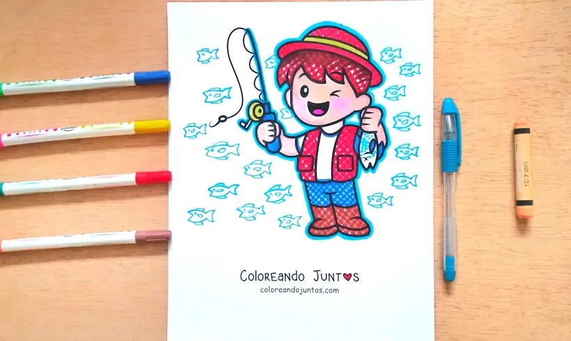 Desenho de um pescador colorido pelo Colorindo Juntos