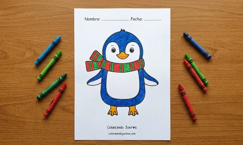 Desenho de um pinguim de cachecol colorido com giz de cera