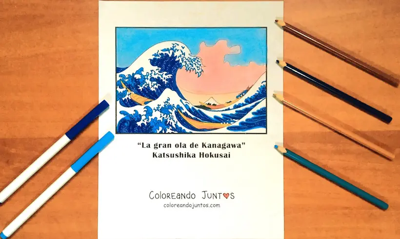 Desenho da pintura A Grande Onda de Kanagawa colorida por Colorindo Juntos