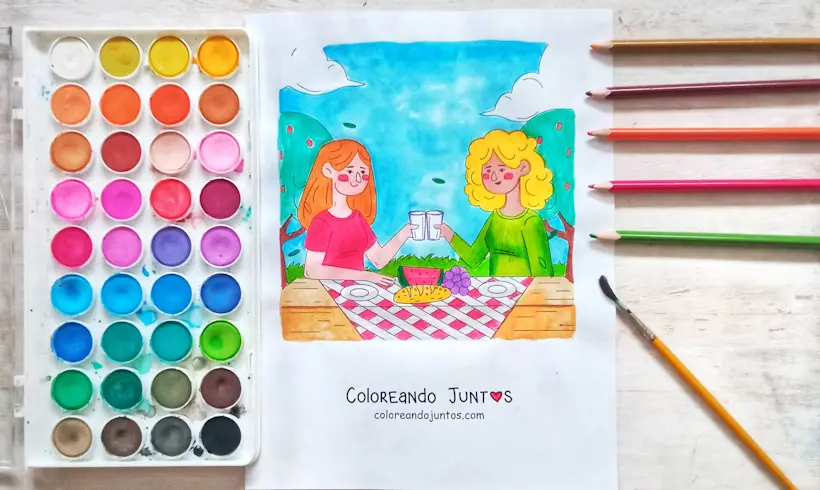 Desenho de um piquenique colorido pela Colorindo Juntos