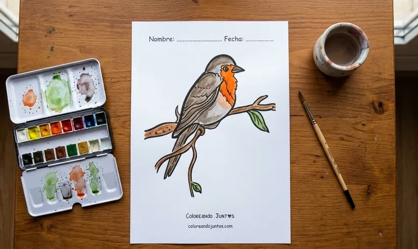 Desenho de um pisco-de-peito-ruivo pousado em um galho colorido com aquarela