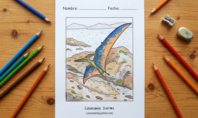 Desenho de um pterodáctilo planando sobre uma ilha colorido com lápis de cor