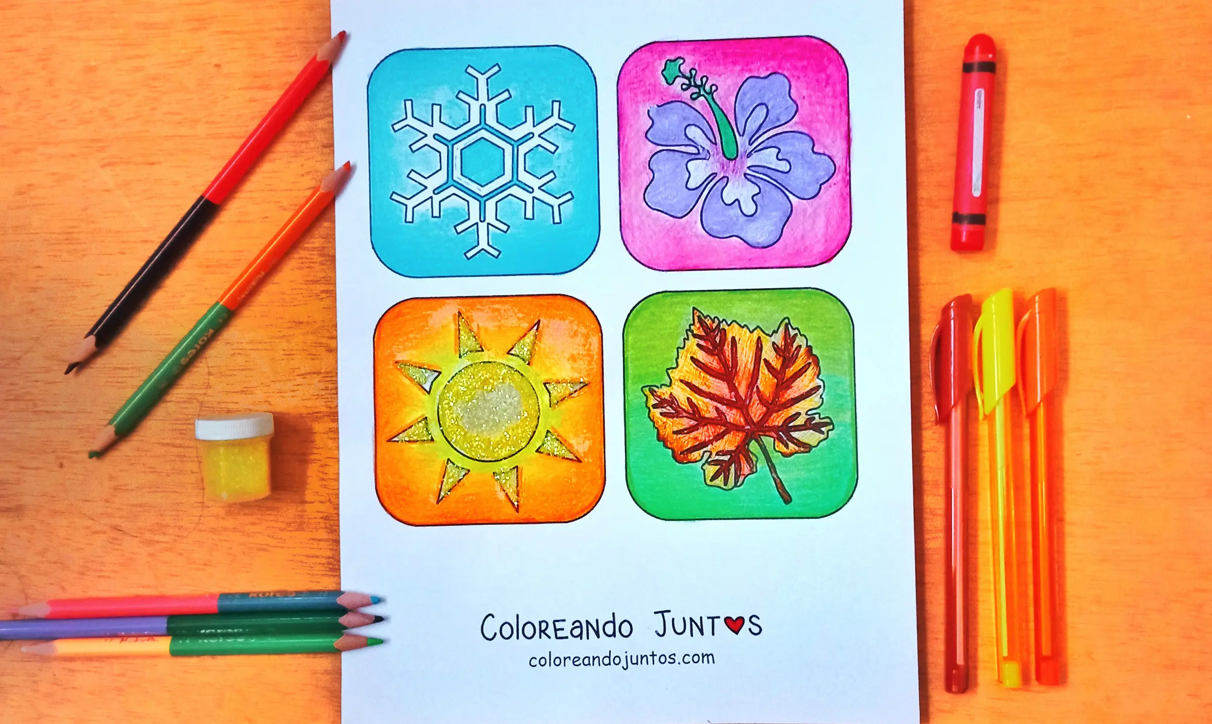 Desenho das quatro estações colorido por Colorindo Juntos