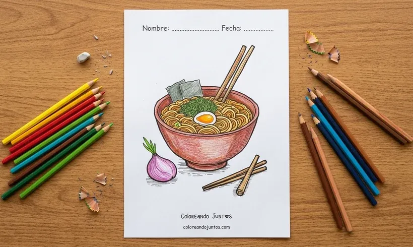 Desenho de uma tigela de ramen com ovo colorido com lápis de cor