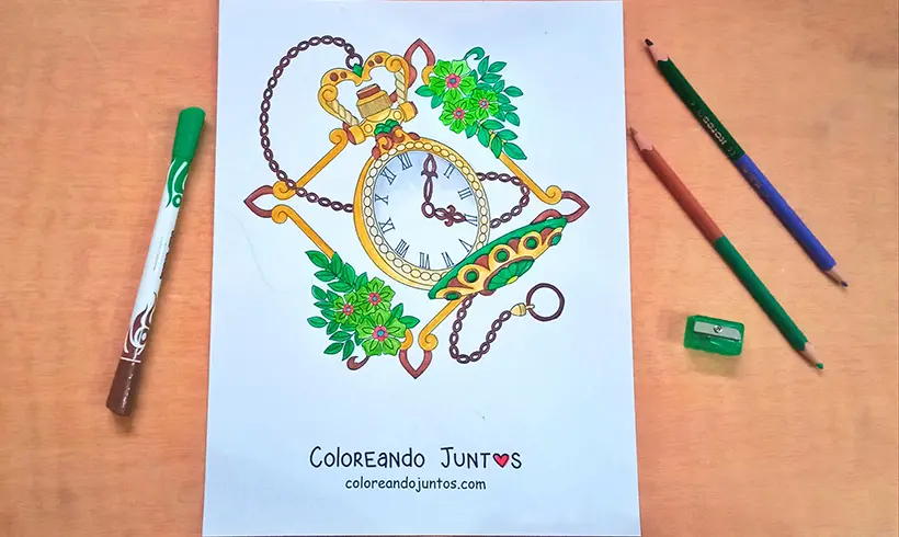 Desenho de relógio colorido pela Colorindo Juntos