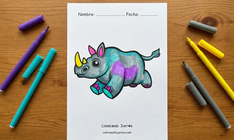 Desenho de um rinoceronte de desenho animado correndo colorido com canetinhas
