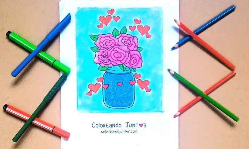 Desenho de rosas e corações colorido por Colorindo Juntos