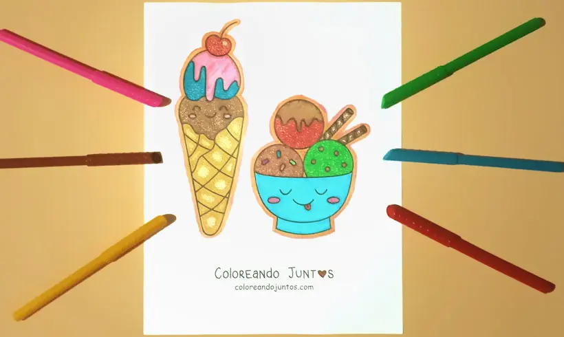 Desenho de sorvetes kawaii coloridos pela Colorindo Juntos
