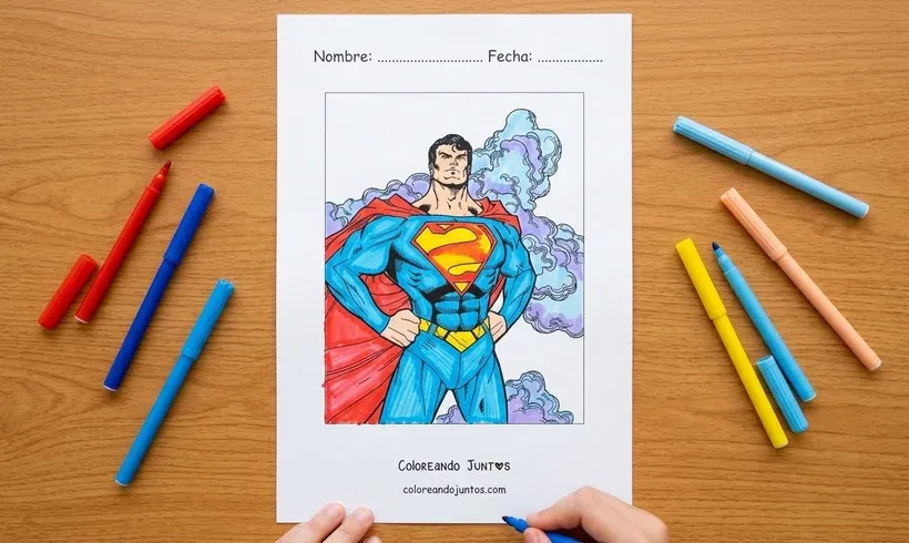 Desenho do Superman em pé com as mãos na cintura colorido com canetinhas