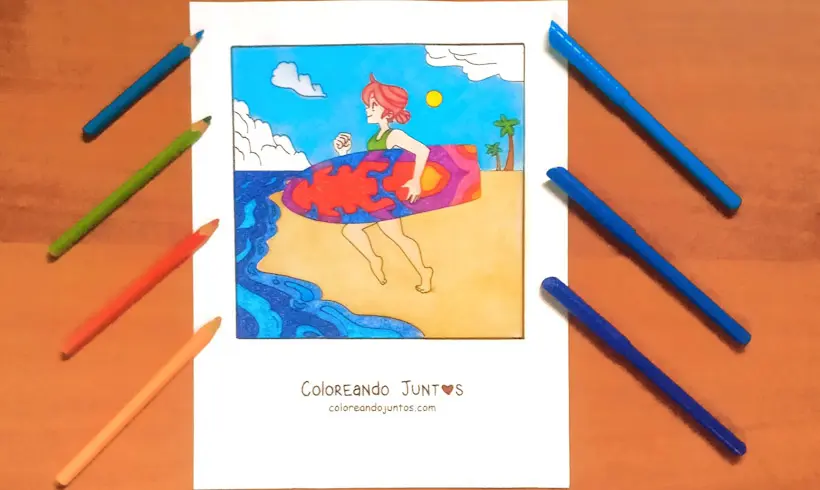 Desenho de uma surfista colorido por Colorindo Juntos