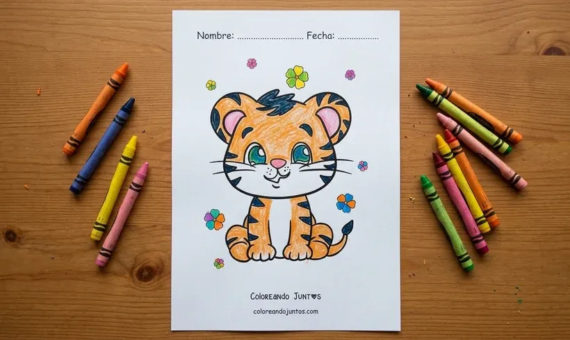 Desenho de um tigre bebê entre flores colorido com giz de cera