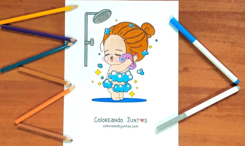 Desenho de uma menina tomando banho colorido por Colorindo Juntos
