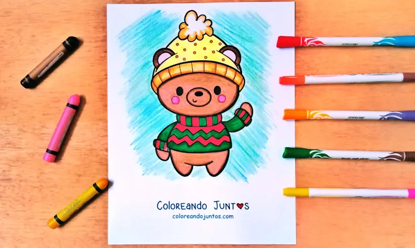 Desenho de urso de Natal colorido pela Colorindo Juntos