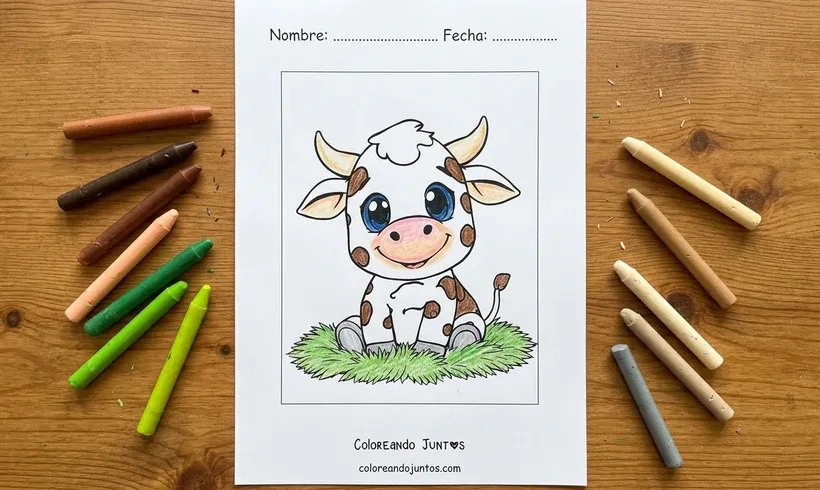 Desenho de um bezerrinho de olhos grandes sentado na grama, colorido com giz de cera