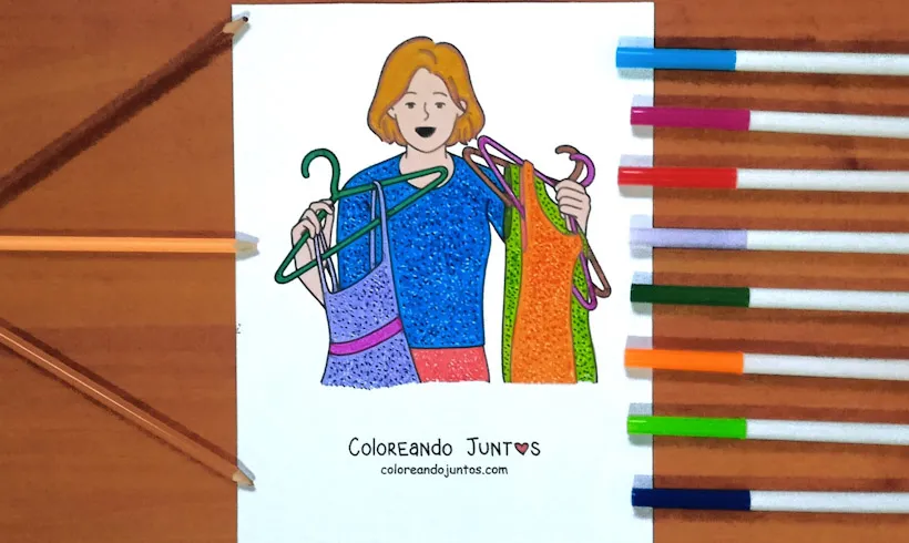 Desenho de uma mulher com vestidos colorido por Colorindo Juntos