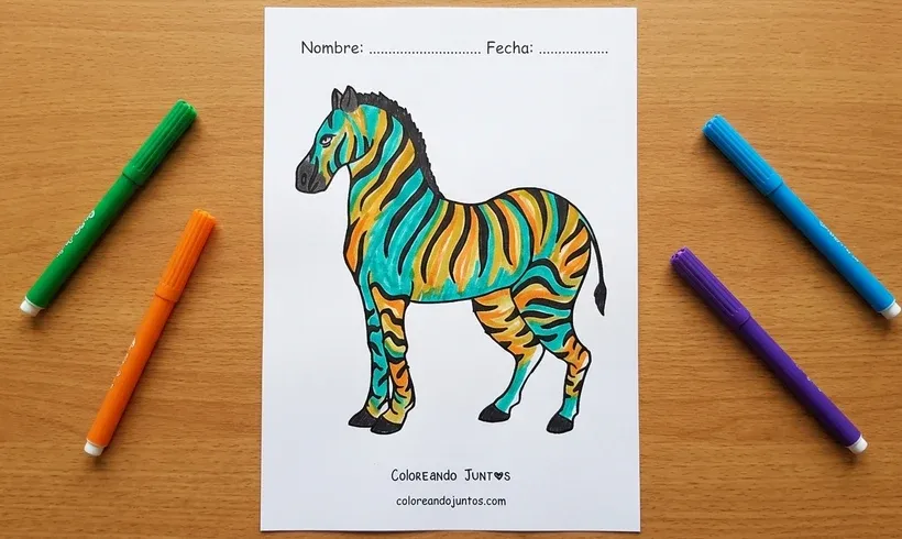 Desenho de uma zebra em pé colorida com canetinhas