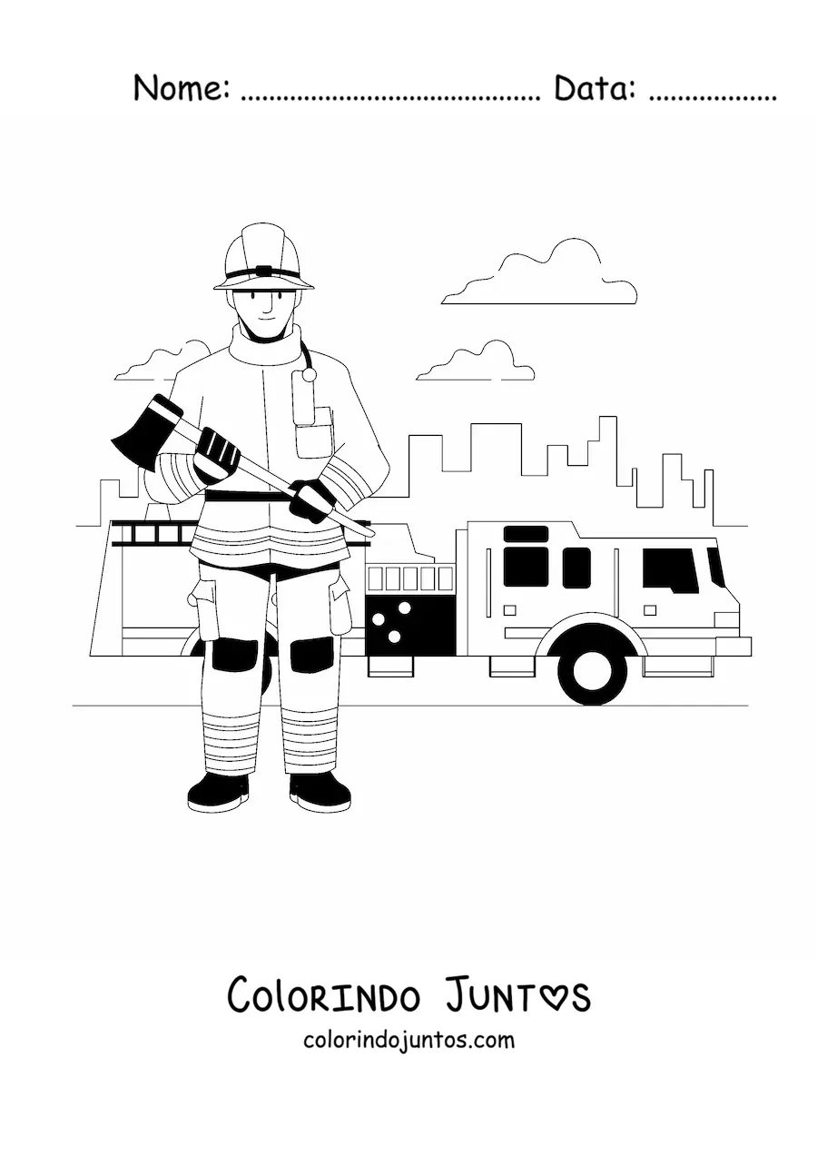 Desenho para colorir de um bombeiro na cidade ao lado de um caminhao