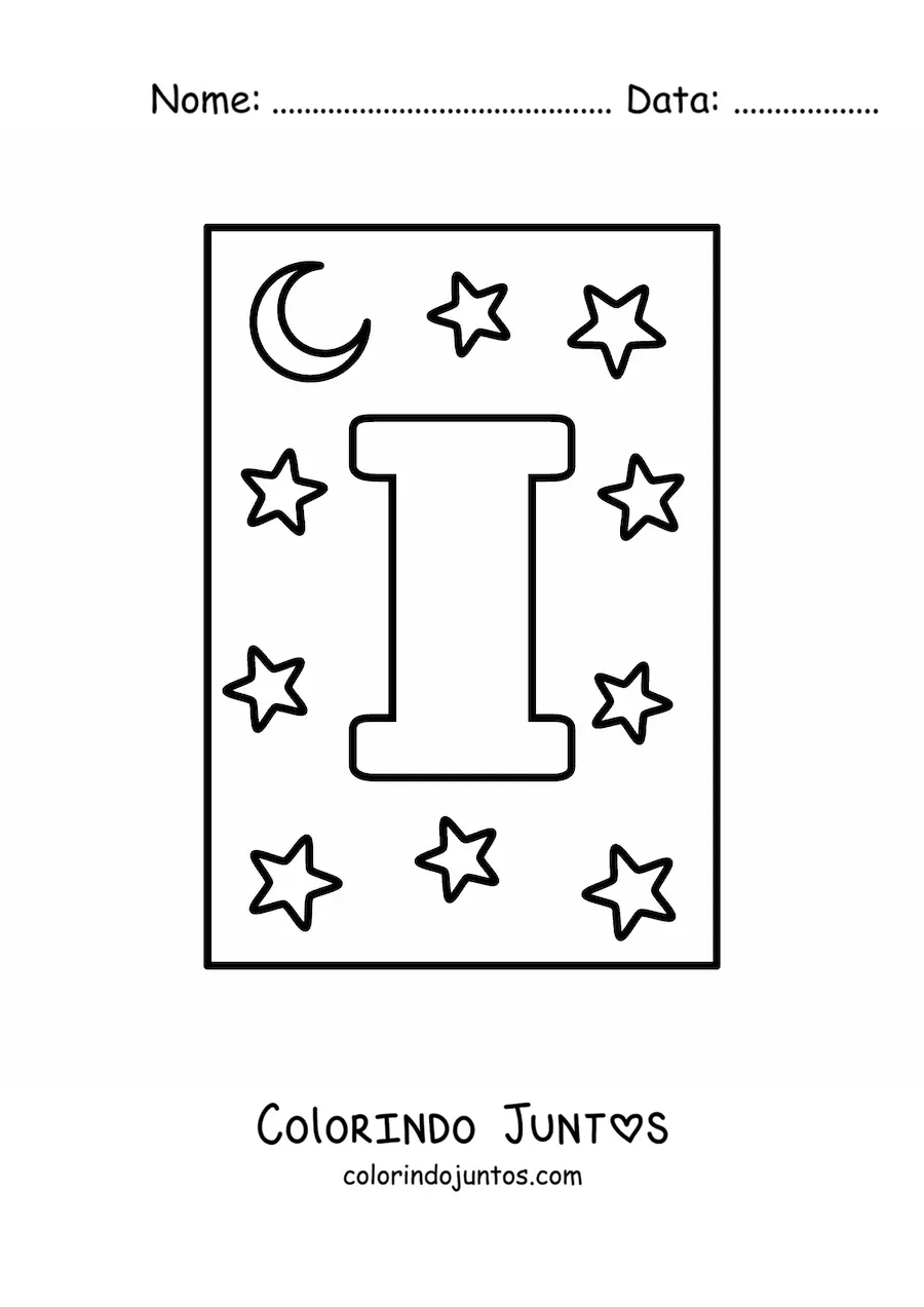 Desenho para colorir de letra I maiúscula com estrelas e uma lua