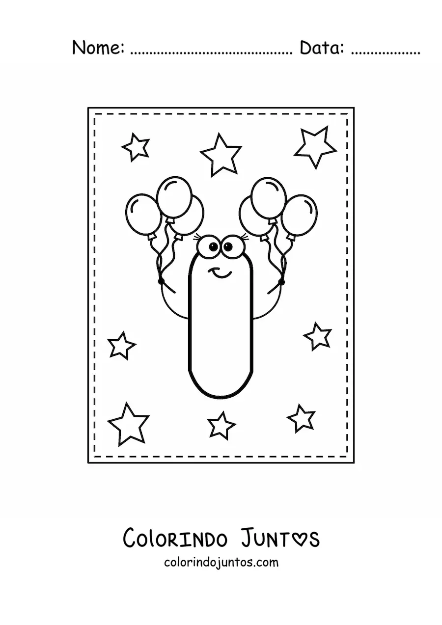 Desenho para colorir da letra I maiúscula animada com balões